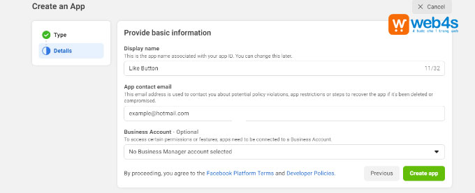 Bước 4: Điền các thông tin như tên hiển thị, email, tài khoản kinh doanh